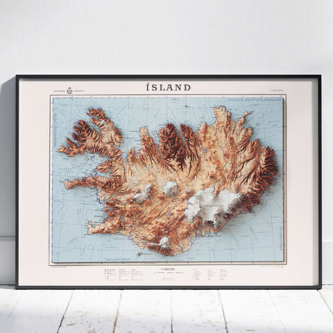 Iceland, Topographic map - 1963, 2D printed shaded relief map with 3D effect of a 1963 topographic map of Iceland. Shop our beautiful fine art printed maps on supreme Cotton paper. Vintage maps digitally restored and enhanced with a 3D effect. VizCart from Vizart