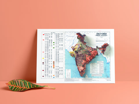 India, Soil map - 1985, 2D printed shaded relief map with 3D effect of a 1985 soil map of India. Shop our beautiful fine art printed maps on supreme Cotton paper. Vintage maps digitally restored and enhanced with a 3D effect. VizCart from Vizart
