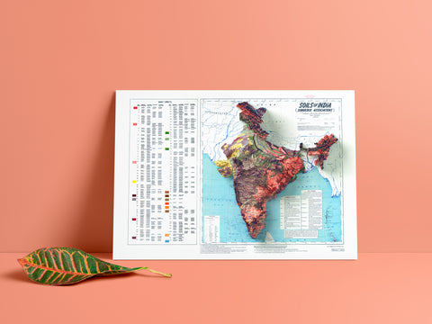 India, Soil map - 1985, 2D printed shaded relief map with 3D effect of a 1985 soil map of India. Shop our beautiful fine art printed maps on supreme Cotton paper. Vintage maps digitally restored and enhanced with a 3D effect., VizCart from Vizart