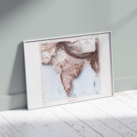 India, Topographic map - 1973, 2D printed shaded relief map with 3D effect of a 1973 topographic map of India. Shop our beautiful fine art printed maps on supreme Cotton paper. Vintage maps digitally restored and enhanced with a 3D effect. VizCart from Vizart
