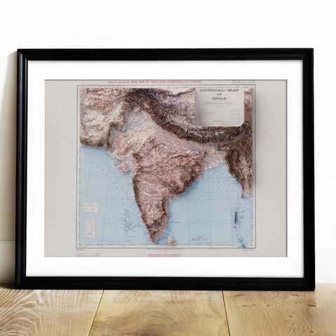 India, Topographic map - 1973, 2D printed shaded relief map with 3D effect of a 1973 topographic map of India. Shop our beautiful fine art printed maps on supreme Cotton paper. Vintage maps digitally restored and enhanced with a 3D effect. VizCart from Vizart
