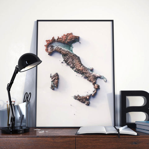 Italy, Elevation tint - Irid, 2D printed shaded relief map with 3D effect of Italy with irid hypsometric tint. Shop our beautiful fine art printed maps on supreme Cotton paper. Vintage maps digitally restored and enhanced with a 3D effect. VizCart from Vizart