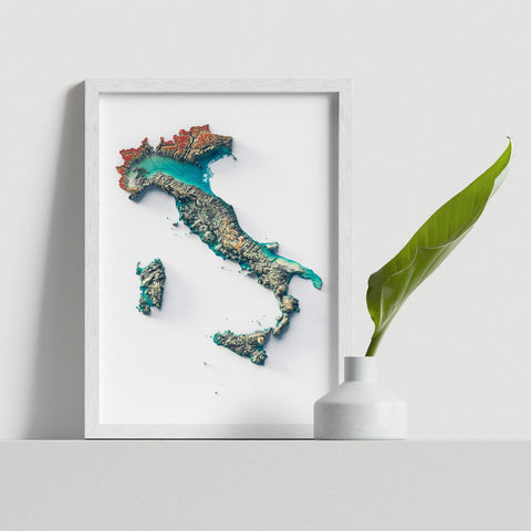 Italy, Elevation tint - Spectral, 2D printed shaded relief map with 3D effect of Italy with spectral hypsometric tint. Shop our beautiful fine art printed maps on supreme Cotton paper. Vintage maps digitally restored and enhanced with a 3D effect. VizCart from Vizart