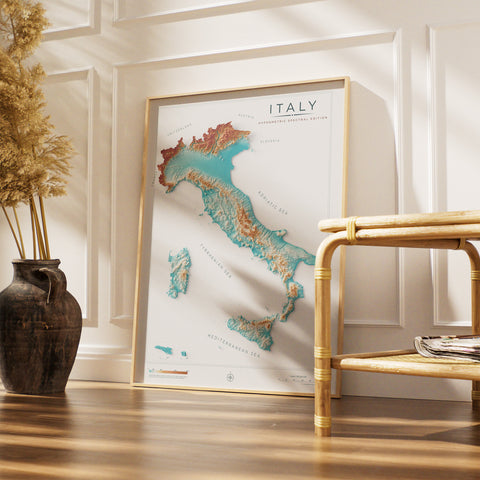Italy spectral shaded relief elevation map printed on fine art paper wall decor
