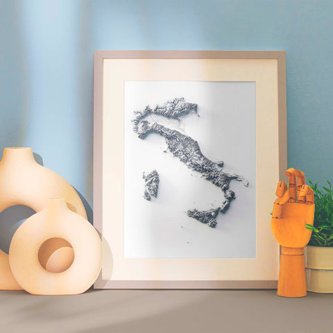 Italy, Elevation tint - White, 2D printed shaded relief map with 3D effect of Italy with white hypsometric tint. Shop our beautiful fine art printed maps on supreme Cotton paper. Vintage maps digitally restored and enhanced with a 3D effect. VizCart from Vizart