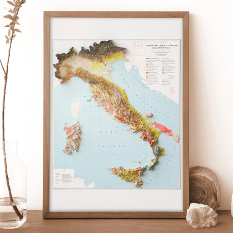Italy, Soil map - 1966, 2D printed shaded relief map with 3D effect of a 1966 soil map of Italy. Shop our beautiful fine art printed maps on supreme Cotton paper. Vintage maps digitally restored and enhanced with a 3D effect. VizCart from Vizart