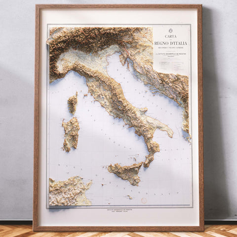 Italy, Topographic map - 1922, 2D printed shaded relief map with 3D effect of a 1922 topographic map of Italy. Shop our beautiful fine art printed maps on supreme Cotton paper. Vintage maps digitally restored and enhanced with a 3D effect. VizCart from Vizart