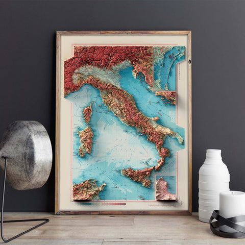 Italy, Topographic map - 1967, 2D printed shaded relief map with 3D effect of a 1967 topographic map of Italy. Shop our beautiful fine art printed maps on supreme Cotton paper. Vintage maps digitally restored and enhanced with a 3D effect. VizCart from Vizart