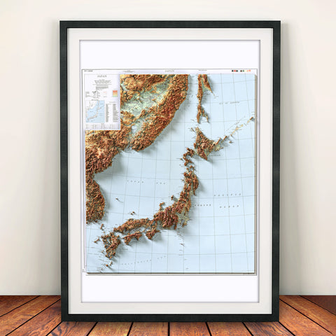 Japan, Topographic map - 1945, 2D printed shaded relief map with 3D effect of a 1945 topographic map of Japan. Shop our beautiful fine art printed maps on supreme Cotton paper. Vintage maps digitally restored and enhanced with a 3D effect. VizCart from Vizart