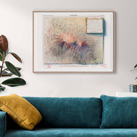 Kilimanjaro (Tanzania), Topographic map - 1978, 2D printed shaded relief map with 3D effect of a 1978 topographic map of Kilimanjaro (Tanzania). Shop our beautiful fine art printed maps on supreme Cotton paper. Vintage maps digitally restored and enhanced with a 3D effect. VizCart from Vizart