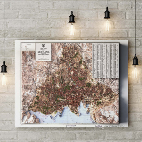 Kristiania (Norway), City map - 1901, 2D printed shaded relief map with 3D effect of a 1901 city map of Kristiania (Oslo, Norway). Shop our beautiful fine art printed maps on supreme Cotton paper. Vintage maps digitally restored and enhanced with a 3D effect. VizCart from Vizart