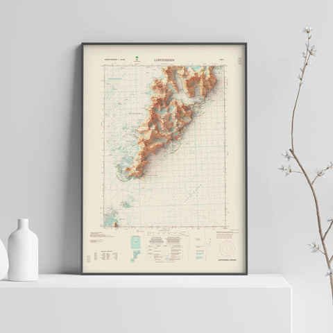 Lofotodden (Lofoten Islands, Norway), Topographic map - 2009, 2D printed shaded relief map with 3D effect of a 1952 topographic map of Flakstad (Lofoten Islands, Norway). Shop our beautiful fine art printed maps on supreme Cotton paper. Vintage maps digitally restored and enhanced with a 3D effect. VizCart from Vizart