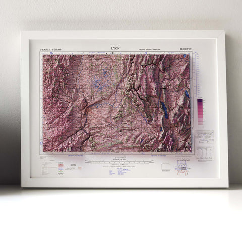 Lyon (France), Topographic map - 1943, 2D printed shaded relief map with 3D effect of a 1943 topographic map of Lyon (France). Shop our beautiful fine art printed maps on supreme Cotton paper. Vintage maps digitally restored and enhanced with a 3D effect. VizCart from Vizart