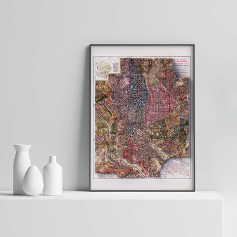 Madrid (Spain), City map - 1940, 2D printed shaded relief map with 3D effect of a 1940 city map of Madrid. Shop our beautiful fine art printed maps on supreme Cotton paper. Vintage maps digitally restored and enhanced with a 3D effect. VizCart from Vizart