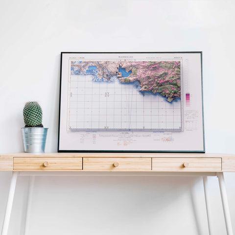 Marseilles (France), Topographic map - 1943, 2D printed shaded relief map with 3D effect of a 1943 topographic map of Marseilles (France). Shop our beautiful fine art printed maps on supreme Cotton paper. Vintage maps digitally restored and enhanced with a 3D effect. VizCart from Vizart