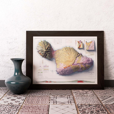 Maui (Hawaii, USA), Geological map - 1942, 2D printed shaded relief map with 3D effect of a 1942 geological map of Maui (Hawaii, USA). Shop our beautiful fine art printed maps on supreme Cotton paper. Vintage maps digitally restored and enhanced with a 3D effect. VizCart from Vizart