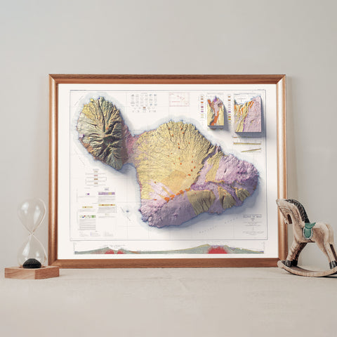 Maui (USA) 1942 geological restored antique shaded relief map print on fine art paper wall decor