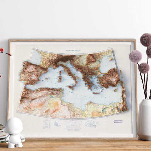 Mediterranean Sea, Topographic map - 1937, 2D printed shaded relief map with 3D effect of a 1937 topographic map of Mediterranean Sea. Shop our beautiful fine art printed maps on supreme Cotton paper. Vintage maps digitally restored and enhanced with a 3D effect. VizCart from Vizart