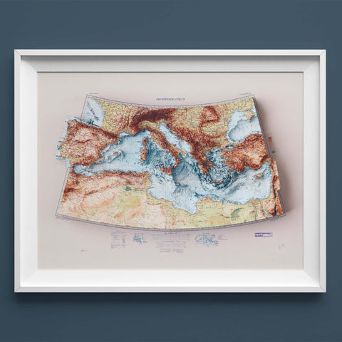 Mediterranean Sea Bathymetric, Topographic map - 1937, 2D printed shaded relief map with 3D effect of a 1937 topographic map of Mediterranean Sea with bathyimetric. Shop our beautiful fine art printed maps on supreme Cotton paper. Vintage maps digitally restored and enhanced with a 3D effect. VizCart from Vizart