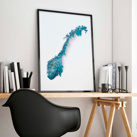 Norway, Elevation tint - Deep Blue, 2D printed shaded relief map with 3D effect of Europe with deep blue hypsometric tint. Shop our beautiful fine art printed maps on supreme Cotton paper. Vintage maps digitally restored and enhanced with a 3D effect. VizCart from Vizart