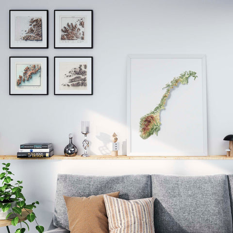 Norway, Elevation tint - Geo, 2D printed shaded relief map with 3D effect of Europe with geo hypsometric tint. Shop our beautiful fine art printed maps on supreme Cotton paper. Vintage maps digitally restored and enhanced with a 3D effect. VizCart from Vizart