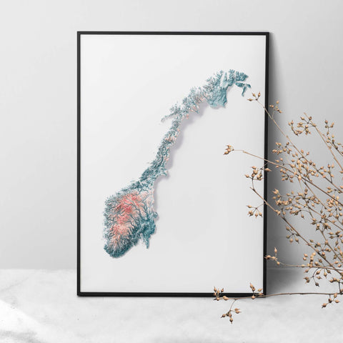 Norway, Elevation tint - Irid, 2D printed shaded relief map with 3D effect of Europe with irid hypsometric tint. Shop our beautiful fine art printed maps on supreme Cotton paper. Vintage maps digitally restored and enhanced with a 3D effect. VizCart from Vizart