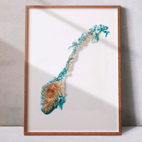 Norway, Elevation tint - Spectral, 2D printed shaded relief map with 3D effect of Europe with spectral hypsometric tint. Shop our beautiful fine art printed maps on supreme Cotton paper. Vintage maps digitally restored and enhanced with a 3D effect. VizCart from Vizart