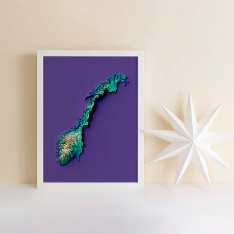 Norway, Elevation tint - Viridis, 2D printed shaded relief map with 3D effect of Europe with virid hypsometric tint. Shop our beautiful fine art printed maps on supreme Cotton paper. Vintage maps digitally restored and enhanced with a 3D effect. VizCart from Vizart