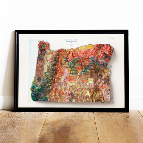 Oregon (USA), Geological map - 1991, 2D printed shaded relief map with 3D effect of a 1991 geological map of Oregon (USA). Shop our beautiful fine art printed maps on supreme Cotton paper. Vintage maps digitally restored and enhanced with a 3D effect. VizCart from Vizart