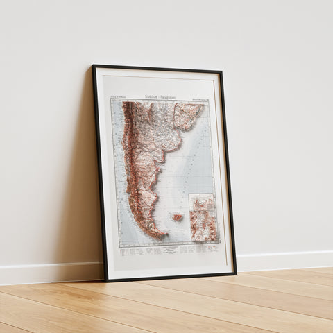 Patagonia, Topographic map - 1925, 2D printed shaded relief map with 3D effect of a 1925 topographic map of Patagonia. Shop our beautiful fine art printed maps on supreme Cotton paper. Vintage maps digitally restored and enhanced with a 3D effect. VizCart from Vizart