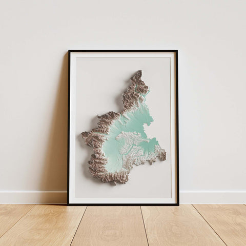 Piedmont (Italy), Elevation tint - Petrol, 2D printed shaded relief map with 3D effect of Piedmont (Italy) with petrol hypsometric tint. Shop our beautiful fine art printed maps on supreme Cotton paper. Vintage maps digitally restored and enhanced with a 3D effect. VizCart from Vizart