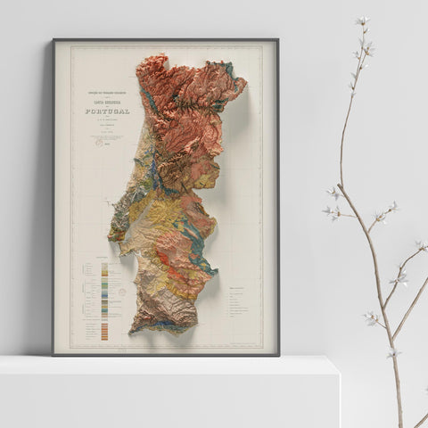 Portugal, Geological map - 1899, 2D printed shaded relief map with 3D effect of a 1899 geological map of Portugal. Shop our beautiful fine art printed maps on supreme Cotton paper. Vintage maps digitally restored and enhanced with a 3D effect. VizCart from Vizart