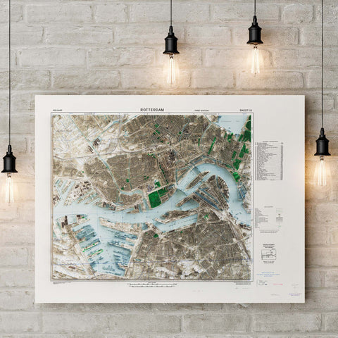 Rotterdam (The Netherlands), City map - 1944, 2D printed shaded relief map with 3D effect of a 1944 city map of Rotterdam (Netherlands). Shop our beautiful fine art printed maps on supreme Cotton paper. Vintage maps digitally restored and enhanced with a 3D effect. VizCart from Vizart