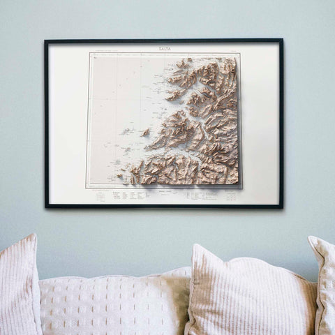 Salta (Norway), Topographic map - 1933, 2D printed shaded relief map with 3D effect of a 1933 topographic map of Salta (Norway). Shop our beautiful fine art printed maps on supreme Cotton paper. Vintage maps digitally restored and enhanced with a 3D effect. VizCart from Vizart