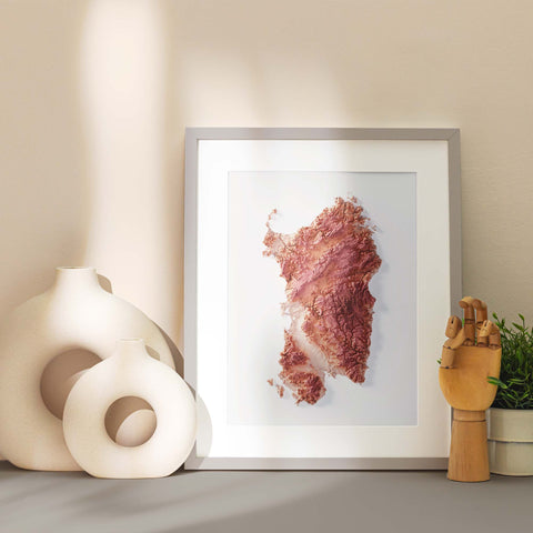 Sardinia (Italy), Elevation tint - Coral, 2D printed shaded relief map with 3D effect of Sardinia (Italy) with coral hypsometric tint. Shop our beautiful fine art printed maps on supreme Cotton paper. Vintage maps digitally restored and enhanced with a 3D effect. VizCart from Vizart