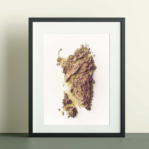 Sardinia (Italy), Elevation tint - Geo, 2D printed shaded relief map with 3D effect of Sardinia (Italy) with geo hypsometric tint. Shop our beautiful fine art printed maps on supreme Cotton paper. Vintage maps digitally restored and enhanced with a 3D effect. VizCart from Vizart