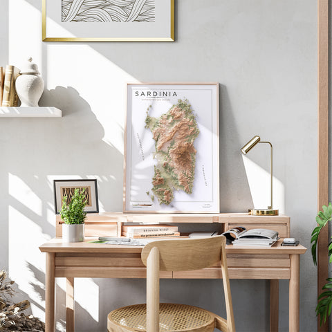 Sardinia (Italy) geo shaded relief elevation map printed on fine art paper wall decor