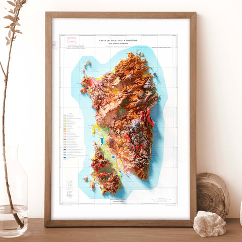 Sardinia (Italy), Soil map - 1960, 2D printed shaded relief map with 3D effect of a 1960 soil map of Sardinia (Italy). Shop our beautiful fine art printed maps on supreme Cotton paper. Vintage maps digitally restored and enhanced with a 3D effect. VizCart from Vizart