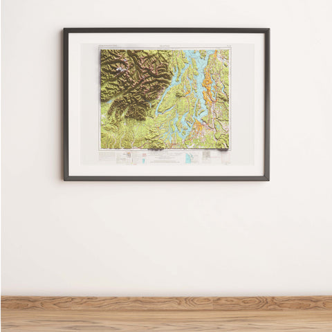 Seattle (Washington, USA), Topographic map - 1958, 2D printed shaded relief map with 3D effect of a 1958 topographic map of Seattle (Washington, USA). Shop our beautiful fine art printed maps on supreme Cotton paper. Vintage maps digitally restored and enhanced with a 3D effect. VizCart from Vizart