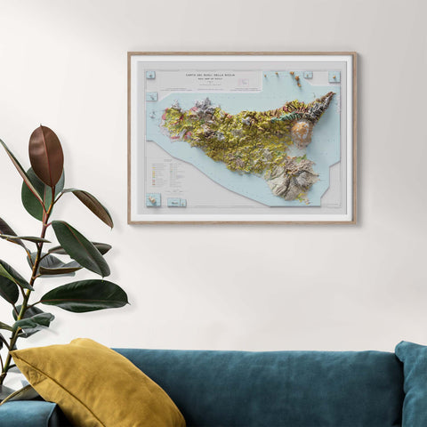 Sicily (Italy), Soil map - 1967, 2D printed shaded relief map with 3D effect of a 1967 soil map of Siciliy (Italy). Shop our beautiful fine art printed maps on supreme Cotton paper. Vintage maps digitally restored and enhanced with a 3D effect. VizCart from Vizart