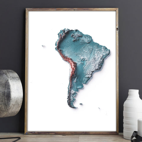 South America, Elevation tint - Irid, 2D printed shaded relief map with 3D effect of South America with irid tint. Shop our beautiful fine art printed maps on supreme Cotton paper. Vintage maps digitally restored and enhanced with a 3D effect. VizCart from Vizart