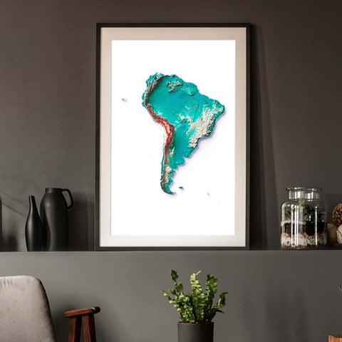 South America, Elevation tint - Spectral, 2D printed shaded relief map with 3D effect of South America with irid tint. Shop our beautiful fine art printed maps on supreme Cotton paper. Vintage maps digitally restored and enhanced with a 3D effect. VizCart from Vizart