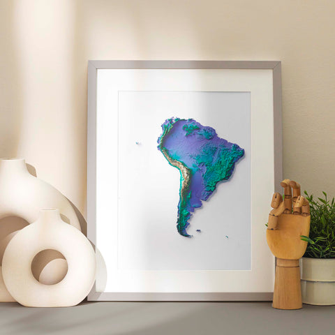 South America, Elevation tint - Viridis, 2D printed shaded relief map with 3D effect of South America with viridis tint. Shop our beautiful fine art printed maps on supreme Cotton paper. Vintage maps digitally restored and enhanced with a 3D effect. VizCart from Vizart