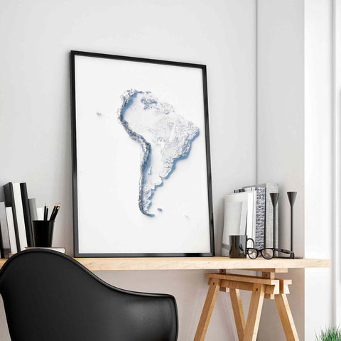 South America, Elevation tint - White, 2D printed shaded relief map with 3D effect of South America with monochrome white tint. Shop our beautiful fine art printed maps on supreme Cotton paper. Vintage maps digitally restored and enhanced with a 3D effect. VizCart from Vizart