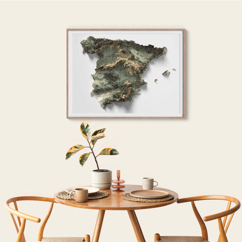Spain, Elevation tint - Geo, 2D printed shaded relief map with 3D effect of Spain with geo hypsometric tint. Shop our beautiful fine art printed maps on supreme Cotton paper. Vintage maps digitally restored and enhanced with a 3D effect. VizCart from Vizart