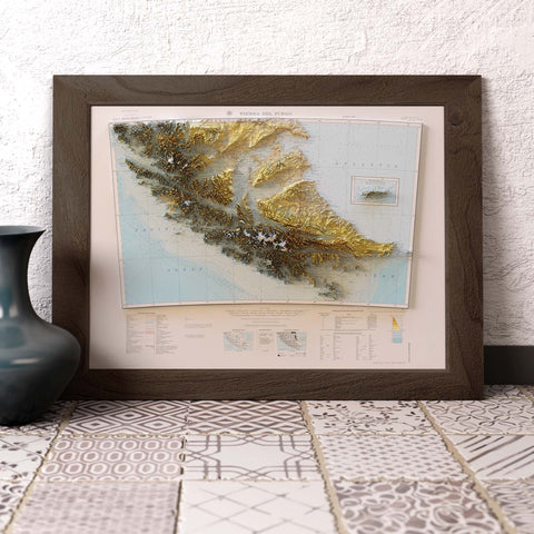 Tierra del Fuego (Chile and Argentina), Topographic map - 1964, 2D printed shaded relief map with 3D effect of a 1964 topographic map of Tierra del Fuego (Fireland, South America). Shop our beautiful fine art printed maps on supreme Cotton paper. Vintage maps digitally restored and enhanced with a 3D effect. VizCart from Vizart