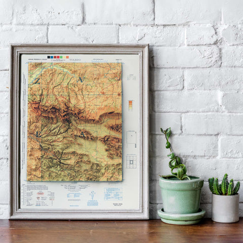 Toledo (Spain), Topographic map - 1944, 2D printed shaded relief map with 3D effect of a 1944 topographic map of Toledo (Spain). Shop our beautiful fine art printed maps on supreme Cotton paper. Vintage maps digitally restored and enhanced with a 3D effect. VizCart from Vizart