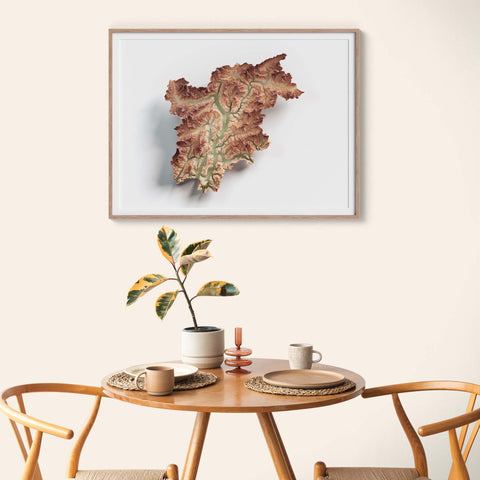Trentino Alto Adige (Italy), Elevation tint - Geo, 2D printed shaded relief map with 3D effect of Trentino-Alto Adige (Italy) with geo hypsometric tint. Shop our beautiful fine art printed maps on supreme Cotton paper. Vintage maps digitally restored and enhanced with a 3D effect. VizCart from Vizart
