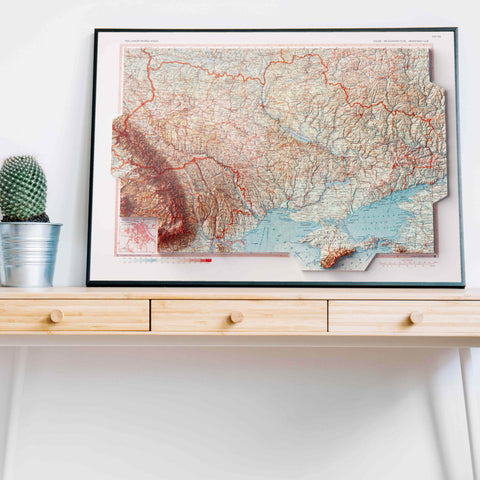 Ukraine, Topographic map - 1967, 2D printed shaded relief map with 3D effect of a 1967 topographic map of Ukraine. Shop our beautiful fine art printed maps on supreme Cotton paper. Vintage maps digitally restored and enhanced with a 3D effect. VizCart from Vizart