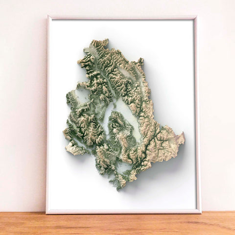 Umbria (Italy), Elevation tint - Geo, 2D printed shaded relief map with 3D effect of Umbria (Italy) with geo hypsometric tint. Shop our beautiful fine art printed maps on supreme Cotton paper. Vintage maps digitally restored and enhanced with a 3D effect. VizCart from Vizart